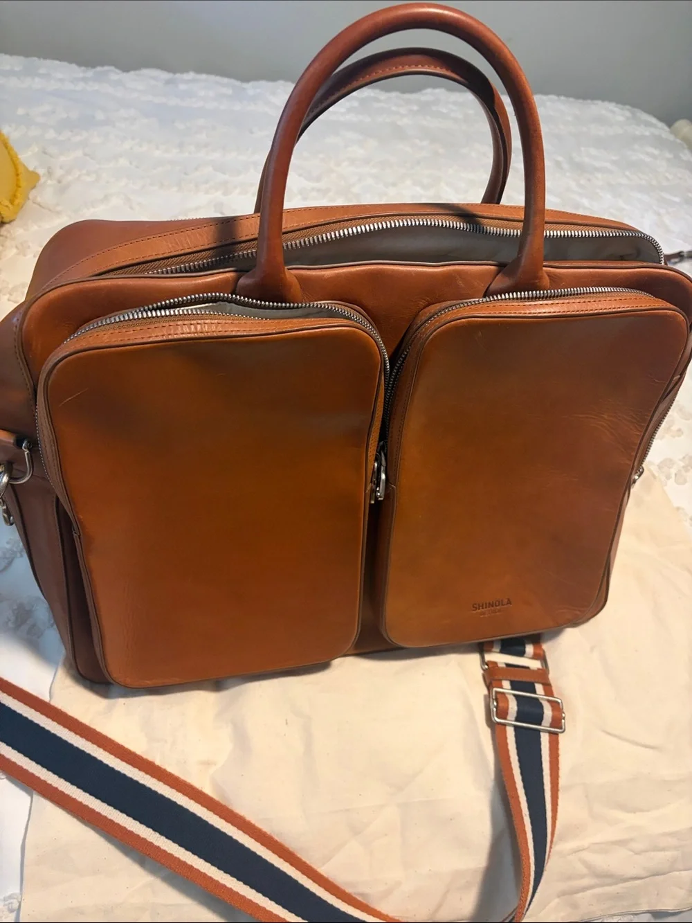Shinola Cognac Leather Briefcase with Striped Shoulder Strap